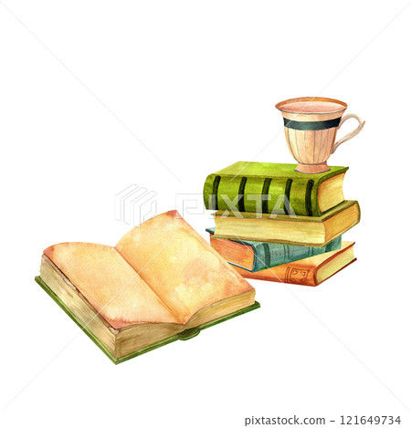 Antique books, a tea cup composition watercolor set. Print for Interior decor and wall art on retro themes, travel, libraries, books, museums. 121649734