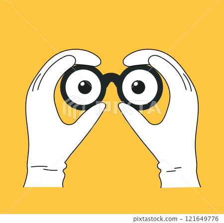 Cartoon hand holding binoculars, explore person point or look forward character. Vision gesture eyes with fingers 121649776