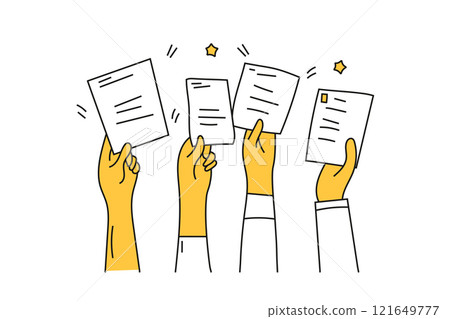 People voting and hold paper. Sale and buy. Business marketing auction vector illustration outline 121649777