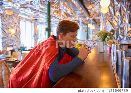 Hero at cafe bar sipping beer, leaning into calm moment, merging superhero persona with everyday leisure, blending routine with cinematic flair. Hero at cafe bar sipping beer, leaning into calm moment, merging superhero persona with everyday leisure, blending routine with cinematic flair. 121649789