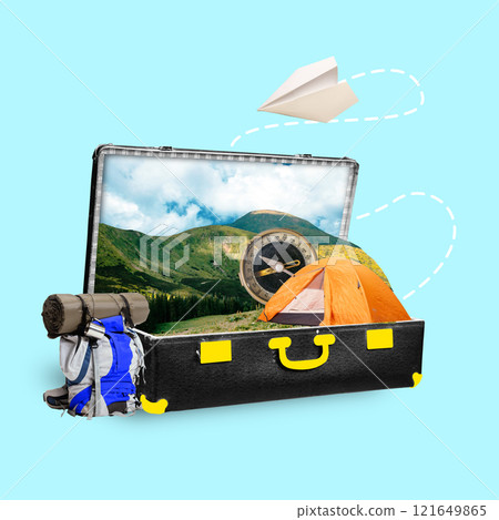 Contemporary art collage. Black suitcase with orange tent, green hills, and blue sky. Backpack and compass next to it on light blue background. Contemporary art collage. Black suitcase with orange tent, green hills, and blue sky. Backpack and compass next to it on light blue background. 121649865
