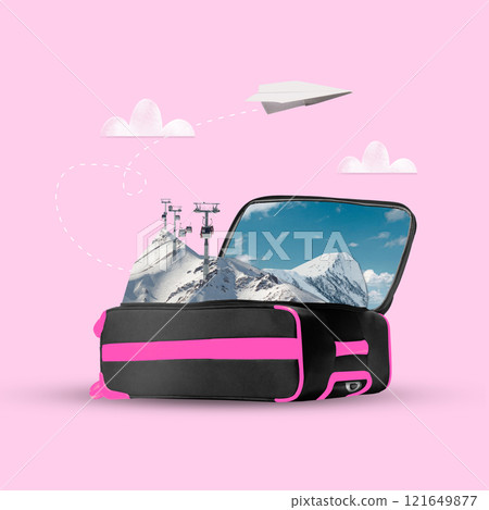 Contemporary art collage. Pink travel bag opens to snowy mountain landscape with ski lifts. Minimalistic design with paper plane. Contemporary art collage. Pink travel bag opens to snowy mountain landscape with ski lifts. Minimalistic design with paper plane. 121649877