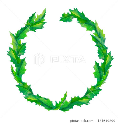 Stylized holly leaves wreath in vibrant green tones, captured in a watercolor painting. Ideal for eco-friendly designs, Christmas crafts, or adding a touch of nature to seasonal projects Stylized holly leaves wreath in vibrant green tones, captured in a watercolor painting. Ideal for eco-friendly designs, Christmas crafts, or adding a touch of nature to seasonal projects 121649899