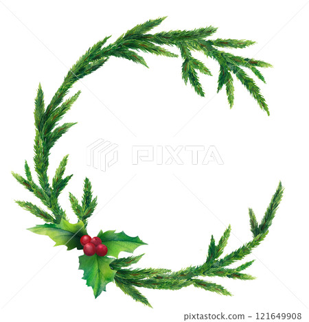 Fir wreath adorned with holly leaves, capturing festive spirit of Christmas and New Year. Watercolor illustration ideal for holiday designs, invitations, seasonal decorations, or greeting cards. 121649908