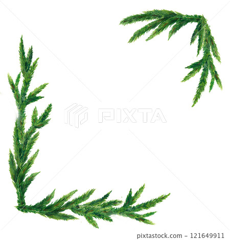 Elegant square frame crafted from fir branches, symbolizing the spirit of winter holidays. Watercolor artwork for Christmas and New Year greeting cards, holiday invitations, or festive home decor 121649911