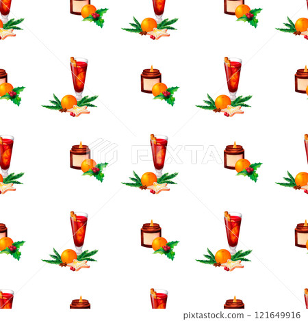 Fir branches, holly leaves, mulled wine, oranges, cookies, and a warm candle in a brown glass A watercolor seamless pattern perfect for Christmas packaging, seasonal decor, and festive stationery. Fir branches, holly leaves, mulled wine, oranges, cookies, and a warm candle in a brown glass A watercolor seamless pattern perfect for Christmas packaging, seasonal decor, and festive stationery. 121649916