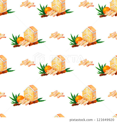 Holiday gingerbread house with Christmas cookies, fir branches, festive greenery, and spices in a seamless watercolor pattern. Ideal for gift wrapping, holiday cards, and winter-themed designs. 121649920