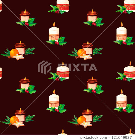 Candles amidst holly, fir branches, traditional cookies, and fresh oranges in seamless watercolor pattern. Ideal for holiday crafts, seasonal prints, and Christmas-themed items. Candles amidst holly, fir branches, traditional cookies, and fresh oranges in seamless watercolor pattern. Ideal for holiday crafts, seasonal prints, and Christmas-themed items. 121649927