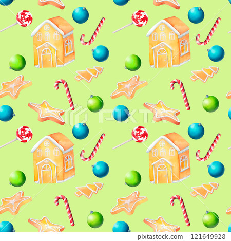 Whimsical gingerbread houses, stars, Christmas trees, candy canes, and colorful baubles on a soft backdrop. A seamless watercolor pattern perfect for seasonal textiles, decor, and Christmas crafts. Whimsical gingerbread houses, stars, Christmas trees, candy canes, and colorful baubles on a soft backdrop. A seamless watercolor pattern perfect for seasonal textiles, decor, and Christmas crafts. 121649928
