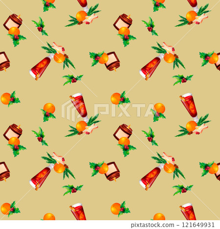 Festive fir branches, oranges, mulled wine, and holly leaves on a gentle beige background. A watercolor seamless pattern for Christmas-themed wrapping paper, seasonal crafts, and holiday decor. Festive fir branches, oranges, mulled wine, and holly leaves on a gentle beige background. A watercolor seamless pattern for Christmas-themed wrapping paper, seasonal crafts, and holiday decor. 121649931