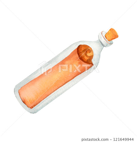 Old note rolled up in glass bottle sealed tightly with a cork,message about being stranded on a deserted island, watercolor illustration works perfectly for pirate treasure hunts, or party invitations Old note rolled up in glass bottle sealed tightly with a cork,message about being stranded on a deserted island, watercolor illustration works perfectly for pirate treasure hunts, or party invitations 121649944