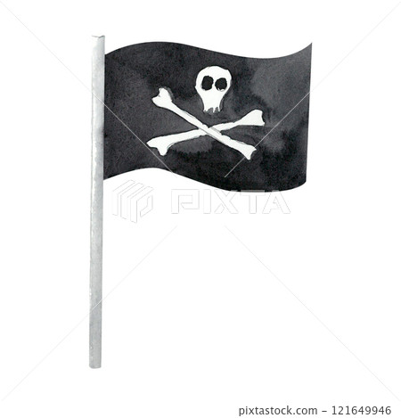 Weathered Jolly Roger flag with a skull and crossed bones, drawn in black and white watercolor style. This pirate symbol is perfect for pirate-themed books, party invites, or nautical illustrations. 121649946