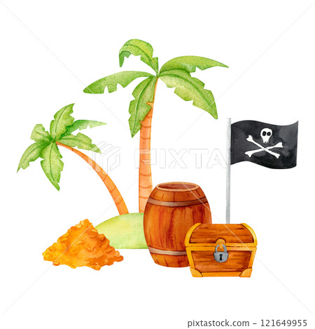 A tropical island with a palm and pirate accessories, a chest full of riches, and a mound of sparkling gold, with a Jolly Roger flag. Watercolor design for pirate-themed decorations, invitations A tropical island with a palm and pirate accessories, a chest full of riches, and a mound of sparkling gold, with a Jolly Roger flag. Watercolor design for pirate-themed decorations, invitations 121649955