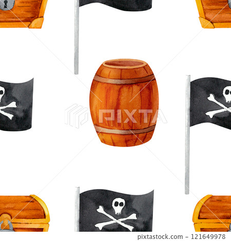 A black flag, a weathered barrel, and a treasure chest, classic symbols of pirate lore. This dynamic watercolor pattern is ideal for adventurous invitations, banners, or themed decor. 121649978