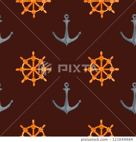 Watercolor pattern with anchors and ship's wheels, perfect for seafaring adventures, coastal invitations, or nautical-themed illustrations. Watercolor pattern with anchors and ship's wheels, perfect for seafaring adventures, coastal invitations, or nautical-themed illustrations. 121649984