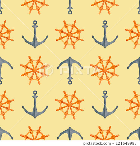A refreshing watercolor pattern with anchors and ship's wheels, evoking images of the open sea. Perfect for coastal designs, summer party invitations, and nautical illustrations. A refreshing watercolor pattern with anchors and ship's wheels, evoking images of the open sea. Perfect for coastal designs, summer party invitations, and nautical illustrations. 121649985