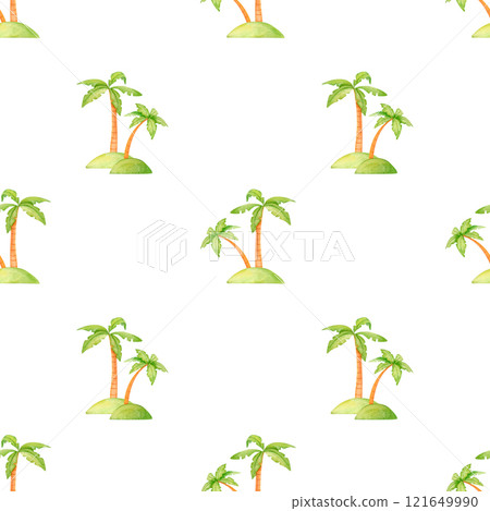 A tropical pattern with swaying palm trees againstcapturing the essence of a warm getaway. This watercolor design is perfect for beach-themed parties, vacation decor, and summer fashion. 121649990