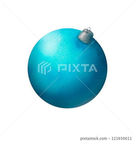Classic Blue Holiday Bauble: A hand-painted watercolor blue bauble with a smooth texture, suitable for use in seasonal illustrations, wrapping paper designs, or decorative product labels. 121650011