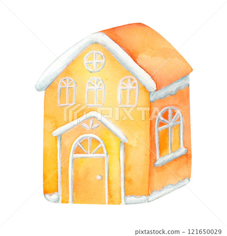 Gingerbread House with icing Illustration: A delightful watercolor depiction of a festive cookie decoration Perfect for Christmas cards, New Year decor, and holiday-themed designs. 121650029