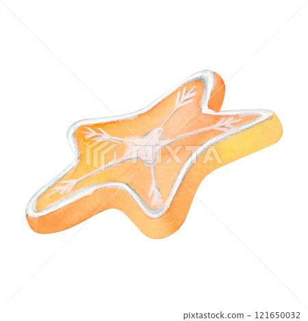 Star-Shaped Gingerbread Illustration: A delightful watercolor gingerbread cookie, decorated with icing. Perfect for Christmas cards, festive crafts, and seasonal packaging. party decor, New Year cards 121650032