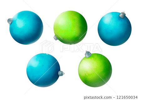 Blue turquoise and green Christmas Bauble, watercolor illustration of a classic blue bauble with delicate shading and smooth detailing. Perfect for decorating cards, brochures, or winter designs 121650034