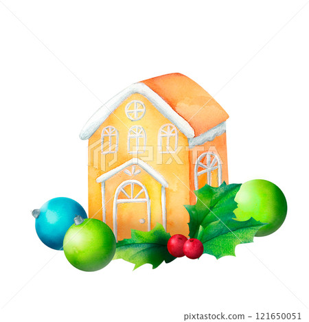 Gingerbread house and festive elements: Watercolor illustration traditional cookie surrounded holly leaves, and ornaments. Ideal for holiday postcards, craft projects, or Christmas product labels. Gingerbread house and festive elements: Watercolor illustration traditional cookie surrounded holly leaves, and ornaments. Ideal for holiday postcards, craft projects, or Christmas product labels. 121650051