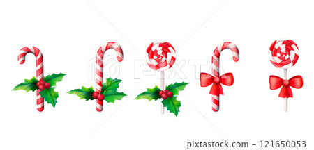 Christmas striped candy lollipops with bows: Watercolor illustration of red-and-white candy cane tied with ribbons and holly leaves. Suitable for new year party flyers or seasonal advertisements. 121650053