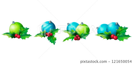 Holiday ornaments with holly accents: Watercolor illustration of colorful Christmas baubles with holly leaves and berries. Useful for seasonal social media posts, holiday-themed blogs, or stickers. Holiday ornaments with holly accents: Watercolor illustration of colorful Christmas baubles with holly leaves and berries. Useful for seasonal social media posts, holiday-themed blogs, or stickers. 121650054