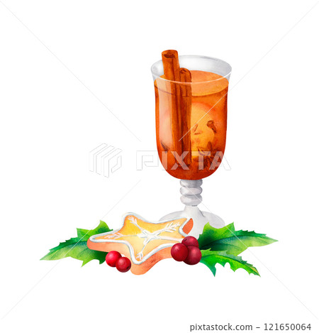 Mulled Wine and Christmas Treats: A watercolor design featuring glass, a gingerbread star cookie, and holly leaves and berryes. Perfect for holiday recipe books, New Year invitations, and ads. 121650064