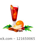 Citrus and Mulled Wine: A watercolor Christmas composition of glass with orange, cinnamon sticks, star cookie and holly leaves. Suitable for holiday menus, packaging, festive decor 121650065