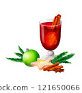 Mulled Wine and Baubles: A watercolor illustration of a glass of mulled wine with green bauble, star gingerbread and spruce branches. Ideal for Christmas market posters, New Year menus 121650066
