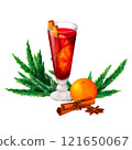 Mulled Wine Winter Drink. A watercolor illustration of a glass of with orange or tangerine and spices, cinnamon, star anise and spruce branches. Ideal for Christmas market posters, New Year menus 121650067