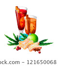 Gingerbread and Festive Drinks: A watercolor artwork featuring a glass of mulled wine with cinnamon, star cookies, and greenery. Suitable for Christmas cards, recipe eBooks, or social media ads. 121650068