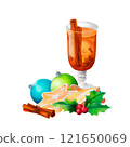 Mulled Wine and Christmas Treats: A watercolor design featuring glass, a gingerbread cookie, holly and colorful baubles. Perfect for holiday recipe books, New Year invitations, and ads. 121650069