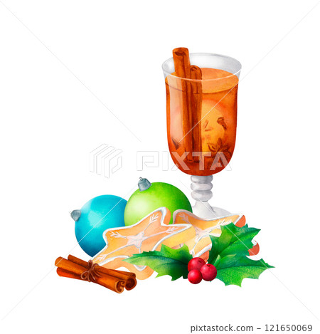 Mulled Wine and Christmas Treats: A watercolor design featuring glass, a gingerbread cookie, holly and colorful baubles. Perfect for holiday recipe books, New Year invitations, and ads. Mulled Wine and Christmas Treats: A watercolor design featuring glass, a gingerbread cookie, holly and colorful baubles. Perfect for holiday recipe books, New Year invitations, and ads. 121650069