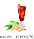 Mulled Wine and Christmas Treats: A watercolor design featuring mulled wine, a gingerbread star cookie, and green baubles. Perfect for holiday recipe books, New Year invitations, and ads. 121650070