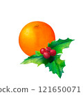 New Year Citrus decor. A watercolor depiction of orange or tangerine with green holly and red berry, Great for Christmas gift wrapping, product packaging, and branding. 121650071