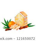Gingerbread House and Festive Decor: A watercolor illustration with ornaments, orange, tangerine, spices, cinnamon byadyan and greenery. Great for Christmas flyers, posters, and DIY craft projects. 121650072