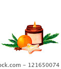Rustic Candle Arrangement: A watercolor design featuring a brown candle surrounded by holly and oranges. Ideal for Christmas and New Year-themed stationery, seasonal blog graphics, or gift wrapping. 121650074