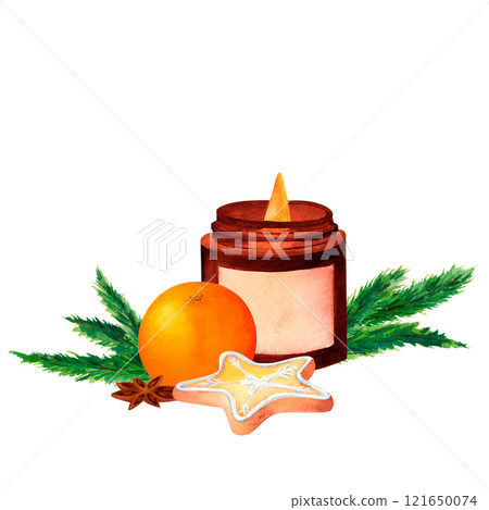 Rustic Candle Arrangement: A watercolor design featuring a brown candle surrounded by holly and oranges. Ideal for Christmas and New Year-themed stationery, seasonal blog graphics, or gift wrapping. 121650074