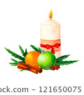 Holiday Candles and Ornaments: A watercolor illustration of festive candles with baubles, greenery and cinnamon. Perfect for winter-themed digital graphics, gift tags, or Christmas brochures. 121650075