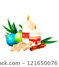 Candles and Star Cookies: A watercolor composition of festive candles, star-shaped gingerbread cookies, holiday greenery. Great for Christmas gift tags, menu designs, and winter party flyers. 121650076