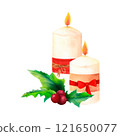 New Year Candle Decor: A watercolor depiction of a lit white candle with red ribbons, green holly and red berry, Great for Christmas gift wrapping, product packaging, and branding. 121650077