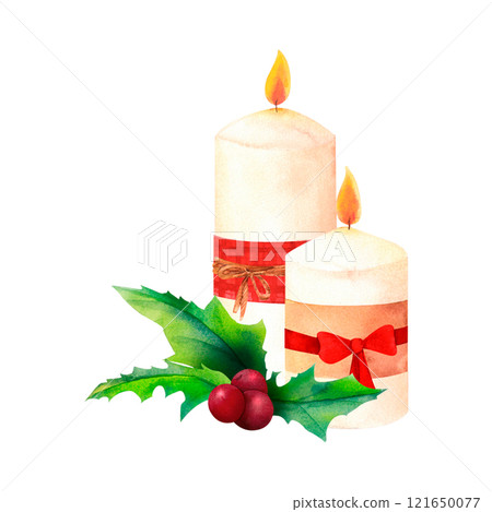 New Year Candle Decor: A watercolor depiction of a lit white candle with red ribbons, green holly and red berry, Great for Christmas gift wrapping, product packaging, and branding. 121650077