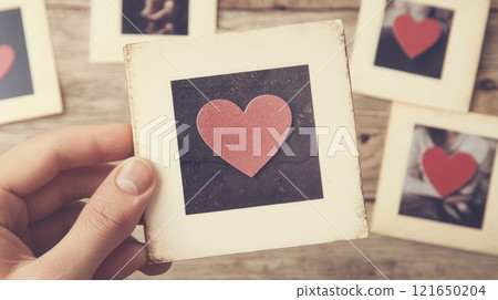hand holding photo with red heart, surrounded by similar photos on wooden surface 121650204
