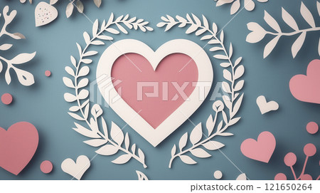 Heart shaped paper cutout with intricate floral design on blue background 121650264