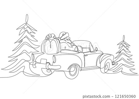 One continuous line drawing Santa Claus on reindeer and sled. concept for Christmas and New Year. vector illustration. Vector illustration 121650360