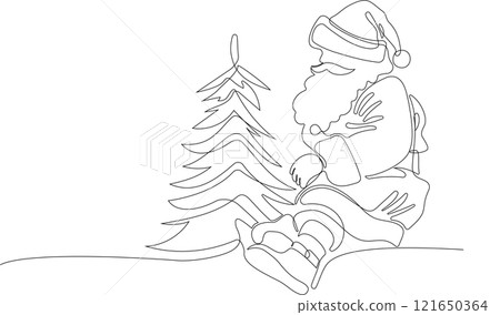 One continuous line drawing Santa Claus on reindeer and sled. concept for Christmas and New Year. vector illustration. Vector illustration 121650364