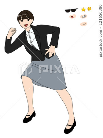 一幅實心數字插圖，描繪了一個身穿帶有定制部件的西裝的女人，她握著拳頭，把腳放在某物上 121650380