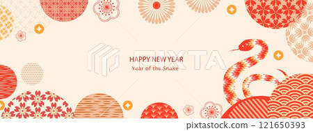 Chinese New Year 2025, Year of the Snake, zodiac. Chinese New Year banner template with snake and traditional patterns. Minimalistic style. Vector 121650393